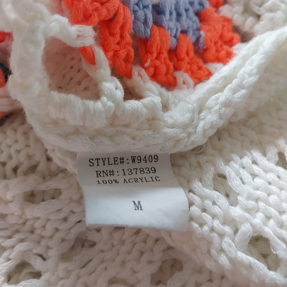 Debut Open Weave White Colorful Knit Cropped Pullover Top Size M Hippie Festival - Picture 7 of 9